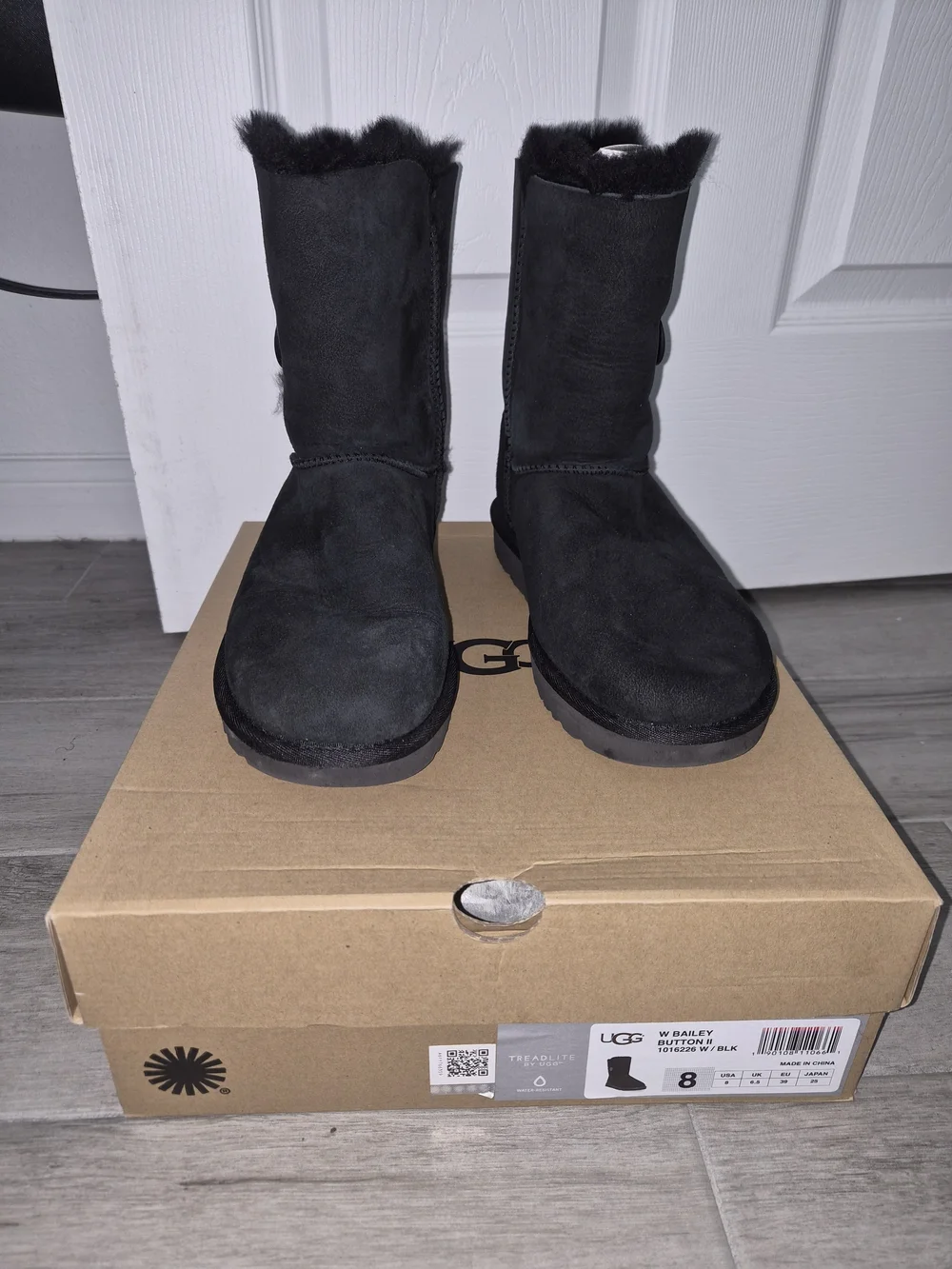 UGG Classic Bailey Button II Black Suede Shearling Boots